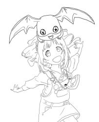 Rule 34 | 1girl, digimon, digimon (creature), looking at viewer, monochrome, open mouth, patamon, smile, wings