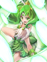 Rule 34 | 1girl, artist name, choker, clear glass (mildmild1311), commentary request, cure march, dress, eyelashes, green choker, green dress, green eyes, green hair, green skirt, green theme, hair ornament, highres, long hair, looking at viewer, magical girl, midorikawa nao, open mouth, ponytail, precure, serious, signature, skirt, smile precure!, solo, tri tails, twitter username, very long hair, wrist cuffs