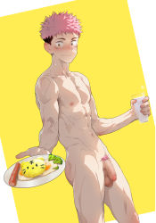 Rule 34 | 1boy, 2021, abs, absurdres, beitemian, black hair, blush, brown eyes, censored, completely nude, facial mark, feet out of frame, flaccid, foreskin, from side, highres, incoming food, itadori yuuji, jujutsu kaisen, looking at viewer, male focus, milk, mosaic censoring, navel, nipples, nude, pectorals, penis, pink hair, short hair, smile, solo, spiked hair, toned, toned male, undercut