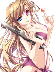 Rule 34 | 1girl, :p, ass, bikini, blonde hair, blue eyes, breasts, candy, cleavage, food, gun, heterochromia, highres, jewelry, large breasts, lollipop, long hair, looking at viewer, monety, necklace, original, purple bikini, purple eyes, saliva, saliva trail, slingshot swimsuit, solo, swimsuit, tongue, tongue out, weapon
