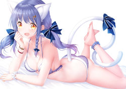 Rule 34 | 1girl, animal ears, ankle scrunchie, ass, barefoot, blue bow, blush, bow, bra, breasts, cat ears, cat girl, cat tail, character request, copyright request, fang, feet, feet up, frilled bra, frills, hair bow, hair ornament, hairclip, head rest, light purple hair, looking at viewer, medium breasts, panties, purple bra, purple panties, scrunchie, skin fang, solo, tail, tail bow, tail ornament, thighs, twintails, underwear, underwear only, white background, white scrunchie, wrist scrunchie, wrist straps, yellow eyes, zizi (zz22)