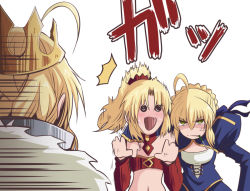 Rule 34 | 3girls, ahoge, angry, artoria pendragon (all), artoria pendragon (fate), artoria pendragon (lancer) (fate), blue dress, blush, braid, breasts, commentary request, crown, detached sleeves, dress, dual persona, fang, fate/grand order, fate (series), food, fujitaka nasu, hair between eyes, hair ornament, hair scrunchie, mordred (fate), mordred (fate/apocrypha), mother and daughter, multiple girls, navel, parted bangs, pocky, puffy sleeves, red scrunchie, red sleeves, saber (fate), scrunchie, simple background, skin fang, small breasts, white background