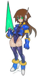 Rule 34 | 1girl, aile (mega man zx), blue footwear, blush, bodysuit, breasts, brown hair, cropped jacket, dakusuta, full body, gloves, green eyes, hair between eyes, highres, impossible clothes, leotard, long hair, looking at viewer, ponytail, puffy short sleeves, puffy sleeves, robot ears, mega man (series), mega man zx, mega man zx advent, short sleeves, simple background, skin tight, solo, spandex, very long hair, white background