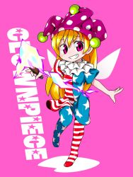 Rule 34 | 1girl, american flag dress, american flag legwear, blonde hair, byourou, character name, clenched teeth, clownpiece, fairy wings, full body, grin, hat, jester cap, leg lift, pantyhose, pink background, red eyes, smile, solo, striped clothes, striped pantyhose, teeth, torch, touhou, wings