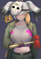 Rule 34 | 1girl, black hair, closed mouth, cosplay, gloves, grey hair, grey shirt, hair between eyes, halloween costume, head wings, highres, hockey mask, holding, holding mallet, jason voorhees, jason voorhees (cosplay), john (a2556349), kemono friends, kemono friends 3, long hair, looking at viewer, mallet, mask, mask on head, multicolored hair, paint, shirt, shoebill (kemono friends), solo, toy hammer, torn clothes, torn shirt, trick or treat, wings