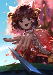 Rule 34 | 1girl, ahoge, animal ears, ansung, bell, blue sky, bow, brown hair, brown skirt, cat ears, cat girl, cherry blossoms, choker, cloud, commentary request, falling petals, fangs, fingernails, frilled sleeves, frills, hair bell, hair ornament, hair ribbon, highres, ichihime, japanese clothes, jingle bell, kimono, lace-trimmed choker, lace trim, long sleeves, looking at viewer, mahjong, mahjong soul, mahjong tile, medium bangs, obi, open mouth, petals, pink kimono, red bow, red choker, red eyes, red nails, red ribbon, red sash, ribbon, sash, short hair, skirt, sky, smile, solo, tenbou, throwing, tree, upper body, v-shaped eyebrows, waist bow, wide sleeves