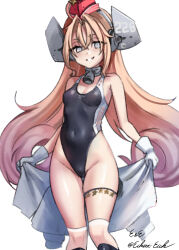 Rule 34 | 1girl, bell, black one-piece swimsuit, breasts, coat, collar, competition swimsuit, covered navel, drum (kancolle), eckert&amp;eich, feet out of frame, garrison cap, gloves, grey eyes, grin, hair rings, hat, headgear, highleg, highleg swimsuit, kantai collection, long hair, metal collar, neck bell, one-hour drawing challenge, one-piece swimsuit, pink hair, red hat, simple background, small breasts, smile, solo, star (symbol), star ornament, swimsuit, thighhighs, unworn coat, very long hair, white background, white gloves, white thighhighs