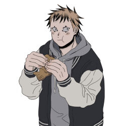 Rule 34 | 1boy, alternate costume, blonde hair, blush, cheek bulge, colored tips, dorohedoro, eating, facial mark, food, holding, holding food, hood, hoodie, jacket, male focus, multicolored hair, no eyebrows, open clothes, open jacket, risu (dorohedoro), solo, to (pixiv 34180059), upper body