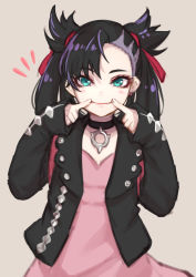 Rule 34 | 1girl, asymmetrical bangs, beige background, black choker, black hair, black jacket, blush stickers, breasts, choker, commentary request, creatures (company), dress, earrings, fingers to mouth, flat chest, game freak, green eyes, hair ribbon, jacket, jewelry, long hair, long sleeves, looking at viewer, marnie (pokemon), nintendo, pink dress, pokemon, pokemon swsh, re (re 09), red ribbon, ribbon, simple background, sleeves past wrists, smile, solo, twintails