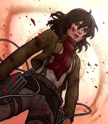 Rule 34 | 1girl, absurdres, belt, blood, blood on face, breasts, brown belt, brown eyes, brown hair, brown jacket, commentary, cuts, english commentary, from below, highres, injury, jacket, medium hair, mikasa ackerman, red scarf, renedraws, scarf, serious, shingeki no kyojin, small breasts, solo, three-dimensional maneuver gear, torn clothes