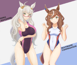 Rule 34 | 2girls, biwa hayahide (umamusume), breasts, brown hair, character name, cleavage, clenched hands, closed mouth, commentary request, competition swimsuit, ear ornament, gluteal fold, groin, hair ornament, hairclip, highleg, highres, horse girl, large breasts, matikane tannhauser (umamusume), medium breasts, multicolored hair, multiple girls, navel, one-piece swimsuit, purple one-piece swimsuit, red-framed eyewear, semi-rimless eyewear, seppatsumaru, smile, streaked hair, swimsuit, umamusume, white hair, white one-piece swimsuit