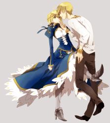 Rule 34 | 1boy, 1girl, ahoge, armor, artoria pendragon (all), artoria pendragon (fate), bad id, bad pixiv id, blonde hair, dress, earrings, fate/stay night, fate/zero, fate (series), gilgamesh (fate), greaves, green eyes, hair ribbon, high heels, jewelry, kai28, kicking, necklace, official alternate costume, red eyes, ribbon, saber (fate), shoes