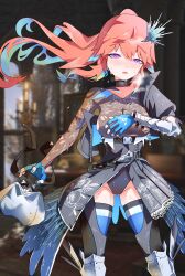 Rule 34 | 1girl, armor, battle damage, blue nails, blush, breasts, broken armor, damaged, fingerless gloves, gloves, gluteal fold, gradient hair, gurumie, hair ornament, high ponytail, highres, hololive, hololive english, long hair, looking at viewer, medium breasts, multicolored hair, official alternate costume, open mouth, orange hair, ponytail, purple eyes, solo, sweat, takanashi kiara, takanashi kiara (knight), thighhighs, torn clothes, undressing, virtual youtuber