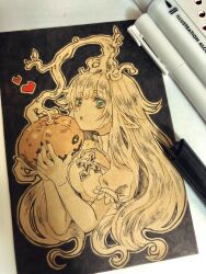 Rule 34 | 1girl, arch bishop (ragnarok online), blue eyes, breasts, cleavage cutout, clothing cutout, commentary request, cross, dress, food, heart, highres, holding, holding food, holding pumpkin, holding vegetable, jack-o&#039;-lantern, long hair, looking at viewer, marker (medium), medium breasts, open mouth, pointy ears, puffy short sleeves, puffy sleeves, pumpkin, ragnarok online, sepia, short sleeves, solo, tokio (okt0w0), traditional media, upper body, vegetable, very long hair