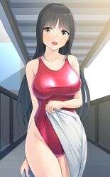 1girl black_hair breasts brown_eyes commentary_request competition_swimsuit cowboy_shot hallway highleg highleg_one-piece_swimsuit highres large_breasts long_hair looking_at_viewer one-piece_swimsuit open_mouth original red_one-piece_swimsuit smile solo swimsuit thames3 towel