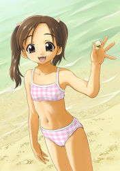 Rule 34 | 1girl, :d, bare arms, beach, bikini, brown eyes, brown hair, checkered bikini, checkered clothes, ebifly, flat chest, freckles, hand up, holding, looking at viewer, navel, ocean, open mouth, original, pink bikini, sand, seashell, shell, smile, solo, standing, swimsuit, twintails
