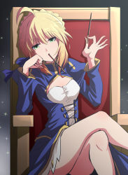 Rule 34 | 1girl, ahoge, artoria pendragon (all), artoria pendragon (fate), blonde hair, blouse, braid, crossed legs, fate/stay night, fate (series), food, food in mouth, fujitaka nasu, green eyes, highres, holding, holding food, looking at another, mouth hold, pocky, pocky day, saber (fate), shirt, sitting, skirt, throne