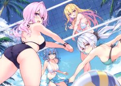 Rule 34 | 4girls, absurdres, ass, bikini, blonde hair, blue eyes, blue hair, breasts, cleavage, cu-no, halterneck, highres, hisen kaede, huge filesize, long hair, looking at viewer, medium breasts, multiple girls, navel, open mouth, pink hair, purple eyes, simple background, smile, stomach, swimsuit, thighs, volleyball net, white background, yellow eyes