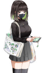 Rule 34 | 1girl, bag, black sweater, blue nails, breasts, cellphone, cut bangs, earrings, fire emblem, fire emblem: the blazing blade, fire emblem heroes, gold earrings, green eyes, green hair, hair intakes, handbag, highres, jewelry, charm (object), large breasts, looking at viewer, lyn (fire emblem), mask, miru (ormille), mole, mole under eye, mouth mask, nail polish, necklace, nintendo, original, ormille, phone, pleated skirt, ribbed sweater, short hair, skirt, smartphone, solo, sprite, sweater, thighhighs, thighs, turtleneck