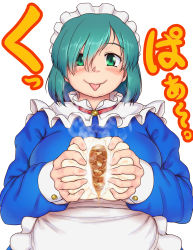 Rule 34 | 1girl, apron, aqua hair, blush, breasts, closed mouth, commentary request, food, green eyes, hair between eyes, highres, holding, holding food, large breasts, long sleeves, looking at viewer, maid, maid headdress, medium hair, my maid (orizen), original, orizen, red neckwear, simple background, solo, straight-on, straight hair, tareme, tongue, tongue out, translation request, upper body, waist apron, white background