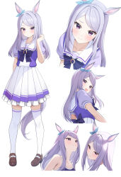 Rule 34 | 1girl, absurdres, animal ears, aqua bow, bare shoulders, bow, brown footwear, closed mouth, commentary request, ear bow, full body, highres, horse ears, horse girl, horse tail, loafers, long hair, mejiro mcqueen (umamusume), multiple views, open mouth, petticoat, puffy short sleeves, puffy sleeves, purple bow, purple eyes, purple hair, purple shirt, rei (ilust9999), school uniform, shirt, shoes, short sleeves, simple background, skirt, smile, summer uniform, tail, thighhighs, tracen school uniform, tracen swimsuit, umamusume, white background, white thighhighs