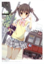 Rule 34 | 1girl, absurdres, adjusting hair, bag, brown hair, highres, charm (object), school uniform, shoulder bag, skirt, sleeves rolled up, solo, sweater vest, takashina masato, train, twintails, yellow eyes