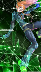 Rule 34 | 1girl, :d, artist request, atlus, belt, black bodysuit, blunt bangs, bodysuit, breasts, copyright name, copyright notice, floating hair, glasses, gloves, green background, green belt, green footwear, green theme, highres, knee pads, long hair, looking at viewer, official art, open mouth, orange hair, outstretched arms, persona, persona 5, persona 5 scramble: the phantom strikers, purple eyes, sakura futaba, small breasts, smile, solo