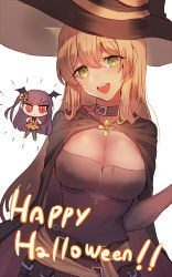 Rule 34 | &gt;:&lt;, 2girls, :d, bad id, bad pixiv id, blonde hair, breasts, cape, chibi, choker, cleavage, fake wings, girls&#039; frontline, green eyes, hands on own hips, happy halloween, hat, head wings, highres, large breasts, long hair, looking at viewer, multiple girls, official alternate costume, one side up, open mouth, purple hair, red eyes, simple background, smile, springfield (classic witch) (girls&#039; frontline), springfield (girls&#039; frontline), upper body, v-shaped eyebrows, wa2000 (girls&#039; frontline), wa2000 (haunted castle) (girls&#039; frontline), white background, wings, witch hat, xanax025