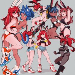 Rule 34 | 4girls, amazu (kurozu), animal ear fluff, animal ears, ass, bare arms, bare shoulders, black hairband, black leotard, blue eyes, blue hair, blue shorts, bow, breasts, cat ears, cleavage, clenched hands, commentary, dark-skinned female, dark skin, denim, denim shorts, dif (difman), eyebrows hidden by hair, fake animal ears, grey background, hair between eyes, hair bow, hairband, hand on another&#039;s shoulder, highres, leotard, medium breasts, multiple girls, multiple views, nike (company), original, rabbit ears, rabbit tail, red hair, shoe soles, shoes, short eyebrows, short shorts, shorts, simple background, skateboard, symbol-only commentary, tail, thick eyebrows, white footwear, wrist cuffs, yellow bow, yellow eyes