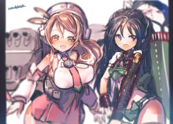 Rule 34 | 10s, 2girls, :d, artist name, bare shoulders, black eyes, blurry, blush, breasts, brown eyes, brown hair, corset, crop top, depth of field, detached sleeves, hair ornament, hat, highres, kantai collection, katsuragi (kancolle), large breasts, littorio (kancolle), long hair, looking at viewer, machinery, miniskirt, multiple girls, necktie, open mouth, pillarboxed, red skirt, remodel (kantai collection), rondo bell, skirt, smile, white background