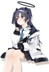 Rule 34 | 1girl, :o, bare legs, black gloves, black skirt, blue archive, blue necktie, blush, feet out of frame, gloves, halo, higa (gominami), highres, holding, holding pen, id card, invisible chair, jacket, necktie, pen, purple eyes, purple hair, simple background, sitting, skirt, solo, two side up, white background, white jacket, yuuka (blue archive)