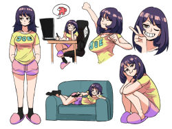 Rule 34 | 1girl, :t, among us, artist self-insert, asymmetrical footwear, asymmetrical legwear, black hair, black legwear, breasts, brown eyes, chair, closed mouth, commentary, controller, couch, crewmate (among us), drawing, english commentary, full body, gaming chair, hand on own cheek, hand on own face, hands in pockets, highres, holding, inset, large breasts, looking at viewer, lying, medium hair, mismatched footwear, mismatched legwear, multiple views, on couch, on side, original, pink footwear, pink shirt, pout, remote control, shirt, short sleeves, shorts, simple background, sitting, slippers, smile, socks, squatting, stretching, swivel chair, t-shirt, teeth, tina fate, v, white background, yellow shirt
