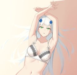 Rule 34 | 1girl, absurdres, alternate costume, arms up, blue hair, bra, breasts, closed mouth, collarbone, copper, girls&#039; frontline, green eyes, hair ornament, hairclip, highres, hk416 (girls&#039; frontline), light blue hair, long hair, looking at viewer, lying, medium breasts, navel, on back, simple background, solo, teardrop facial mark, teardrop tattoo, underwear, upper body, white bra