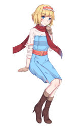 Rule 34 | 1girl, adapted costume, alice margatroid, alternate costume, arm at side, belt, belt buckle, blue dress, blush, boots, brown footwear, brown mittens, buckle, dress, du mogu, eating, facial mark, frilled sleeves, frills, full body, hairband, high heel boots, high heels, highres, holding, invisible chair, knee boots, layered sleeves, lolita hairband, looking at viewer, mittens, red scarf, scarf, short hair, simple background, sitting, solo, touhou, white background