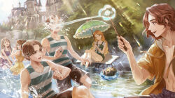 Rule 34 | 3boys, 3girls, alternate costume, black shorts, brothers, brown hair, cassandra vole, colby frey, commentary request, creature, daniel page, fischer frey, green eyes, green one-piece swimsuit, grey hair, harry potter: magic awakened, harry potter (series), holding, holding umbrella, holding wand, innertube, ivy warrington, jacket, joshua drac, long hair, lottie turner, magic, multiple boys, multiple girls, niffler, one-piece swimsuit, orange jacket, outdoors, parasol, partially submerged, profile, short hair, shorts, siblings, sitting, swim ring, swimsuit, tree, twins, umbrella, wand, water, wizarding world