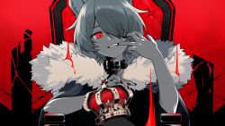 Rule 34 | 1girl, animal ear fluff, animal ears, barbed wire, blood, cape, character request, collar, commission, crown, unworn crown, fang, fur-trimmed cape, fur trim, grey hair, grin, hair over one eye, hand up, highres, king (vocaloid), looking at viewer, mouth pull, nail polish, red background, sakura chiyo (konachi000), simple background, sitting, smile, solo, throne, virtual youtuber, vocaloid