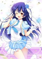 Rule 34 | 10s, 1girl, :d, ;d, bad id, bad pixiv id, blue hair, blush, boots, bow, brown eyes, dress, flower, gloves, hair flower, hair ornament, hair ribbon, love live!, love live! school idol festival, love live! school idol project, microphone, necktie, one eye closed, open mouth, pinky out, puffy short sleeves, puffy sleeves, raiou, ribbon, short sleeves, single glove, smile, solo, sonoda umi
