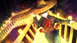 Rule 34 | 1boy, adjusting clothes, adjusting headwear, black shirt, blonde hair, brooch, candle, collared shirt, game cg, green pants, hat, highres, instrument, jewelry, limbus company, maracas, nai ga, neckerchief, official art, pants, project moon, red brooch, red neckerchief, shirt, short hair, sinclair (project moon), solo, sombrero, stairs, yellow eyes