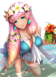 Rule 34 | 1girl, all fours, alternate costume, bare legs, bare shoulders, bikini, blue bikini, blue eyes, breasts, cleavage, coconut, collarbone, cup, drinking straw, earrings, fire emblem, fire emblem heroes, flower, flower in drink, flower wreath, fruit cup, gonzarez, gradient hair, gunnthra (fire emblem), hair flower, hair ornament, hair tubes, head wreath, highres, jewelry, large breasts, long hair, looking at viewer, multicolored hair, nail polish, nintendo, orange hair, partially submerged, petals, pink hair, ripples, sandals, sarong, simple background, smile, solo, swimsuit, toenail polish, toenails, water, white background, white footwear