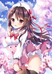 Rule 34 | 1girl, :d, ahoge, beret, blue sky, blurry, blurry background, blurry foreground, blush, bow, branch, breasts, briefcase, brown hair, brown thighhighs, clothes lift, cloud, cloudy sky, commentary request, convenient censoring, day, depth of field, flower, hair between eyes, hair bow, hair ornament, hairclip, hat, hat flower, high-waist skirt, highres, holding, holding flower, long hair, long sleeves, looking at viewer, mauve, medium breasts, moe2019, no panties, open mouth, original, outdoors, petal censor, petals, pink bow, pink flower, pink sailor collar, pink skirt, pleated skirt, red bow, red eyes, red ribbon, ribbon, sailor collar, school briefcase, school uniform, serafuku, shirt, sidelocks, skirt, skirt lift, sky, smile, solo, thighhighs, very long hair, white hat, white shirt, wind, wind lift