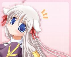 Rule 34 | 1girl, :3, animal ears, blue eyes, blush, bow, closed mouth, commentary request, cross, cross necklace, dog ears, dress, furukawa lemon, hair between eyes, hair bow, jewelry, long hair, looking at viewer, looking to the side, necklace, notice lines, pink background, priest (ragnarok online), purple dress, ragnarok online, red bow, smile, solo, upper body, white hair
