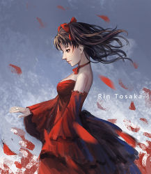 Rule 34 | 1girl, bad id, bad pixiv id, bare shoulders, breasts, brown hair, character name, choker, detached sleeves, dress, fate/stay night, fate (series), frills, long hair, mask shounen, medium breasts, petals, profile, red dress, solo, strapless, strapless dress, tohsaka rin, twintails, two side up