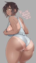 Rule 34 | 1girl, 2021, agawa ryou, ass, breasts, brown eyes, brown hair, commentary, dated, english commentary, from behind, grey background, large breasts, looking at viewer, looking back, original, parted lips, short hair, sideboob, signature, simple background, solo, tan, tanline, thick thighs, thighs