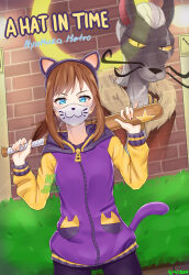 Rule 34 | 1boy, 1girl, 2019, :3, a hat in time, ace of bros, age progression, alternate costume, animal ears, bandaged weapon, baseball bat, black eyes, blue eyes, blush, breasts, brick wall, brown hair, cat, colored sclera, dated, fake animal ears, fake tail, furry, hat kid, highres, jacket, long hair, mask, medium breasts, mouse (animal), mouth mask, scar, scar across eye, scrub, tail, whiskers, white hair, yellow sclera, zipper