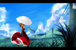 Rule 34 | 1girl, blonde hair, blue sky, cloud, day, expressionless, flandre scarlet, grass, hat, hat ribbon, highres, hill, letterboxed, mob cap, outdoors, parasol, power lines, profile, puffy short sleeves, puffy sleeves, red eyes, ribbon, short hair, short sleeves, side ponytail, skirt, skirt set, sky, solo, touhou, umbrella, untue, wind, wings