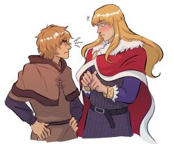Rule 34 | 2boys, armor, belt, blonde hair, blue eyes, blush, brown eyes, buckle, canute, chainmail, cloak, closed mouth, eyebrows, eyebrows hidden by hair, fur trim, hands on own hips, height difference, highres, long hair, looking at another, male focus, multiple boys, nikoblasto, prince, profile, red cloak, sidelocks, simple background, thorfinn, viking, vinland saga, white background