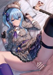 Rule 34 | 1boy, 1girl, apoidea, asymmetrical legwear, axe, bed, blood, blue eyes, blue hair, blush, censored, clothed sex, gloves, hat, hetero, highres, hololive, hoshimachi suisei, no panties, partially fingerless gloves, penis, pov, pubic hair, pussy, sex, side ponytail, smile, thigh strap, thighhighs, vaginal, virtual youtuber