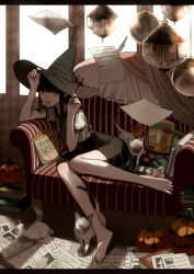 Rule 34 | 1girl, bare legs, barefoot, black hair, blunt bangs, book, brand name imitation, candle, cat, chips (food), couch, dress, feathers, floating, floating object, food, hat, highres, jack-o&#039;-lantern, mouth hold, original, papers, pocky, potato chips, ribbon, solo, uryoko, witch, witch hat