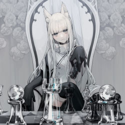 Rule 34 | 1girl, absurdres, animal ear fluff, animal ears, arknights, bishop (chess), black gloves, black thighhighs, blunt bangs, board game, chess, chess piece, chessboard, closed mouth, commentary request, crossed legs, elbow gloves, gloves, grey eyes, highres, holding chess piece, horse ears, jacket, king (chess), knight (chess), long hair, looking at viewer, miike (992058), pawn (chess), platinum (arknights), rook (chess), shorts, silver hair, sitting, solo, thighhighs, white jacket, white shorts