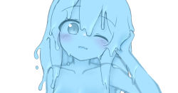 Rule 34 | 1girl, blue eyes, blue hair, blue skin, blush, colored skin, curss, looking at viewer, monster girl, one eye closed, open mouth, parted lips, slime girl, smile, solo